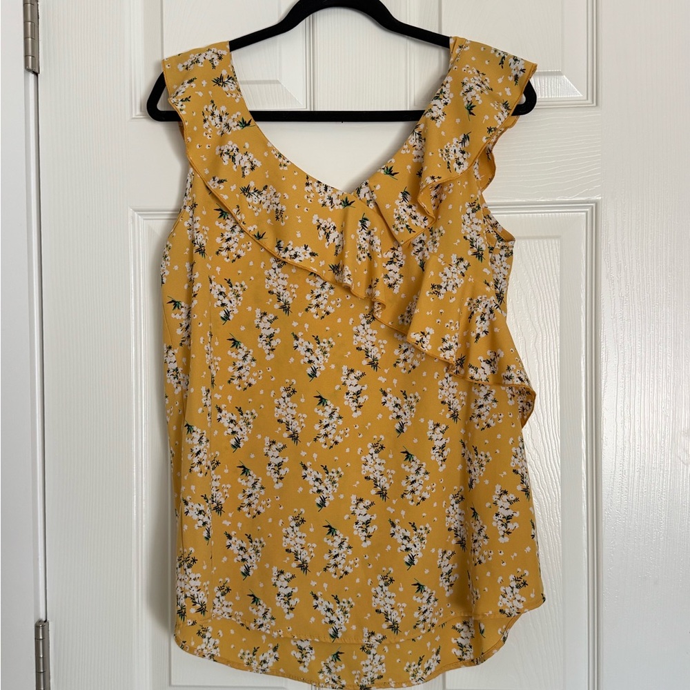 Mustard Yellow Floral Ruffle V-Neck Tank Top